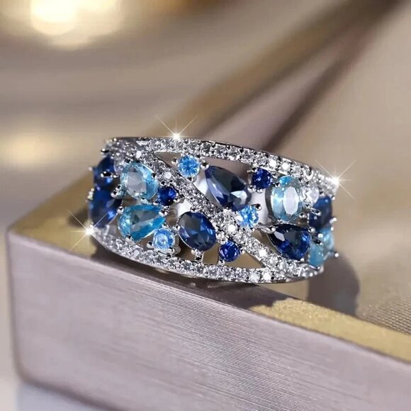 Stunning 5ct Lab-Created Sapphire & Topaz Open Cocktail Ring – White Gold Plated - Picture 1 of 5